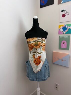 Y2K Cream Floral Silk Scarf – Orange Rose Print Square Wrap